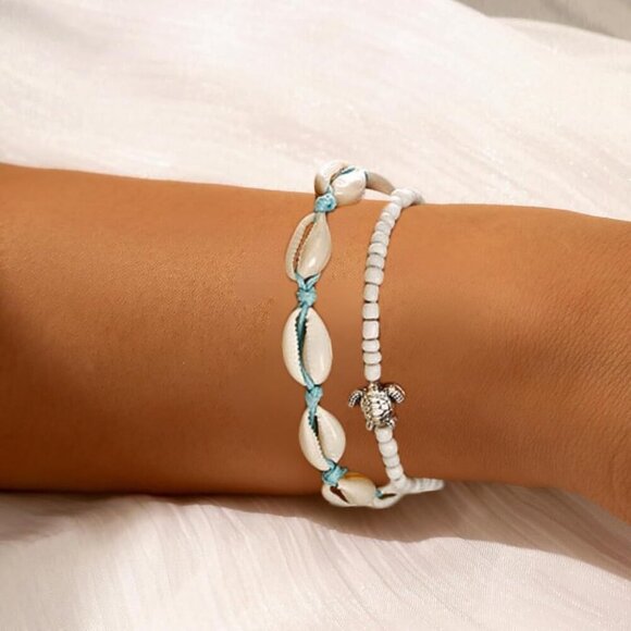 Boho Turtle Layered Shell Anklet Set Silver Ankle Bracelets Beaded Foot Chain Be - Picture 8 of 9